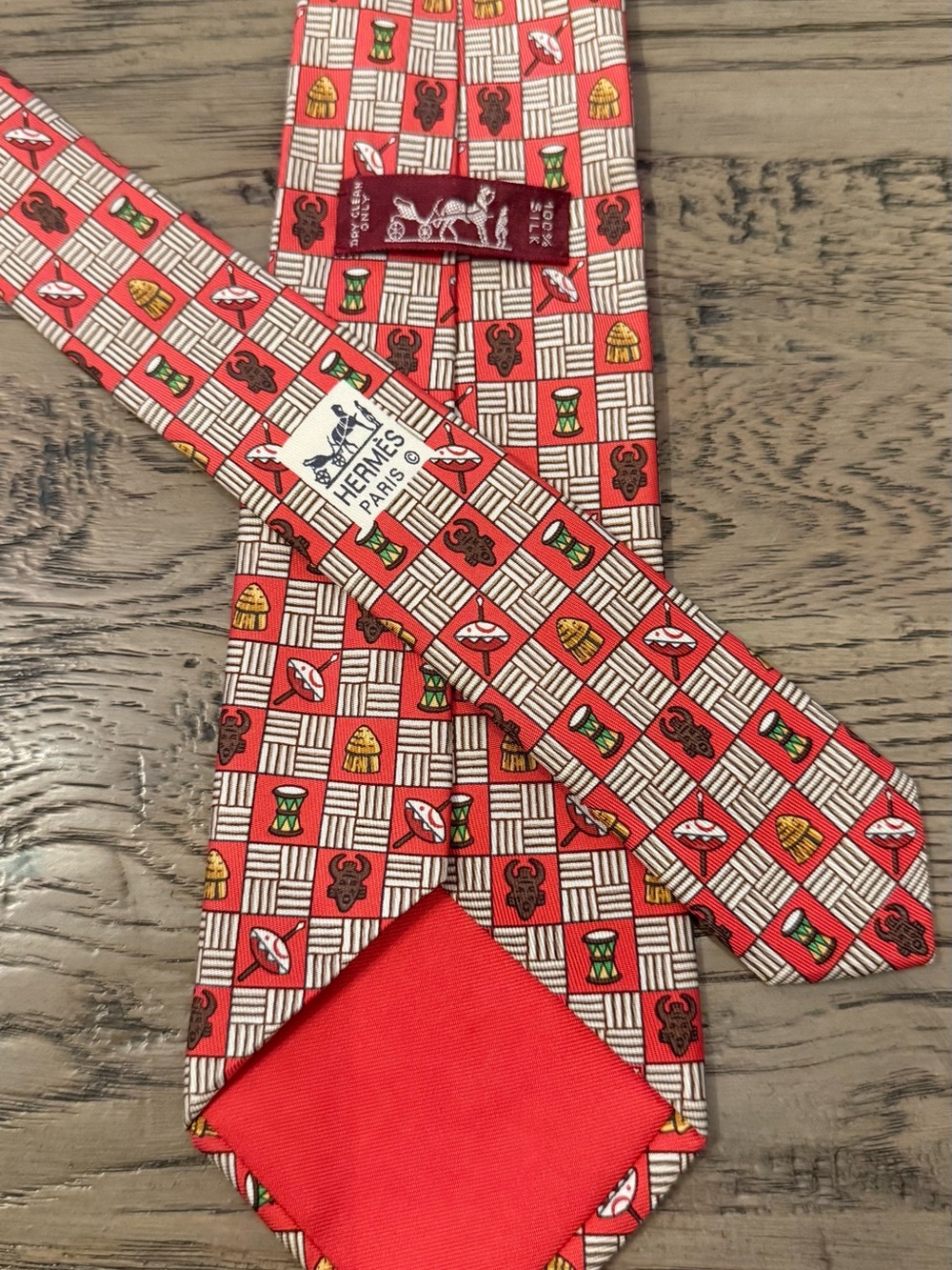 Hermes Red Multicolor Silk Icon-Check Tie